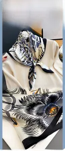 Detail of silk scarf with floral leopard pattern paired with beige knitwear texture