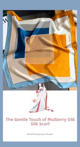 Detailed view of 65cm silk square scarf featuring geometric color blocks and dot patterns