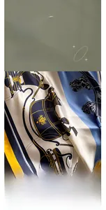 Detailed view of long silk satin scarf featuring vintage horse carriage pattern textures