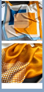 Detailed macro view showing the silk-like texture and geometric polka dot print on the scarf