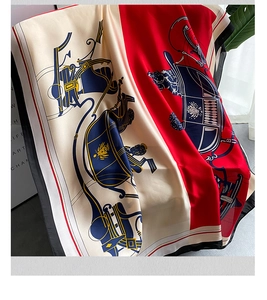 Detail of vintage horse carriage print on silky long scarf with red and blue patterns