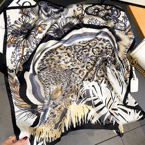 Leopard and tropical floral print silk square scarf with modern black and white aesthetic