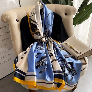 Elegant Long Scarf Equestrian Horse Carriage Print Satin Like Satin Shawl For Sunshade Vacation Decoration Women