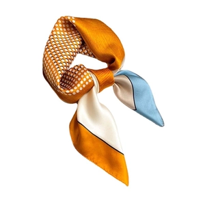 65cm geometric silk scarf with orange polka dots and color-block pattern for women