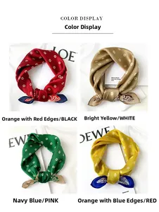 Detail view of four silk square scarves featuring classic polka dots and paisley patterns