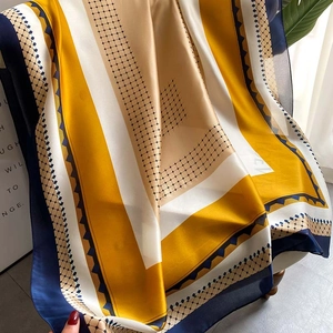 Elegant silk-like yellow satin scarf with geometric grid pattern for women fashion