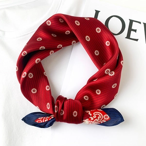 Fashionable red and navy silk scarf with paisley pattern on a white t-shirt background