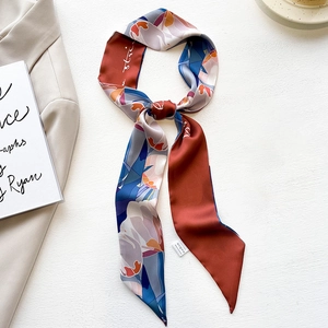 Women Skinny Scarf Faux Satin Twilly Hair Tie Bag Ribbon Double Sided Floral Print French Style Fashion Accessory