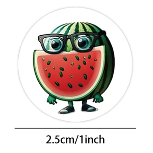 Close-up of 2.5cm round summer watermelon stickers with funny cartoon glasses detail