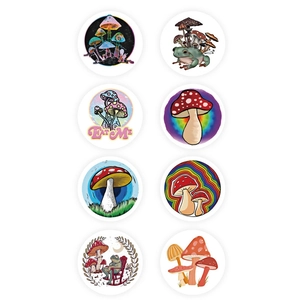 Roll of 500 decorative round stickers with colorful mushroom and frog nature designs