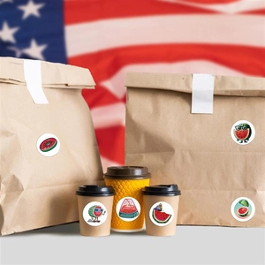 Watermelon cartoon stickers on a brown paper bag and coffee cup for gift decoration