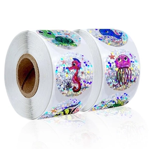 Macro detail of laser holographic marine life stickers with shimmering sea creature patterns