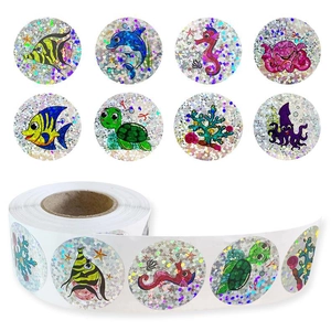 Macro detail of laser holographic ocean animal stickers with shiny rainbow reflection effect