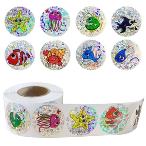 Holographic laser sea creature stickers roll featuring 8 unique cartoon ocean designs