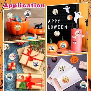 Collage of Halloween stickers used on gift wrap, candy bowls and envelope seals