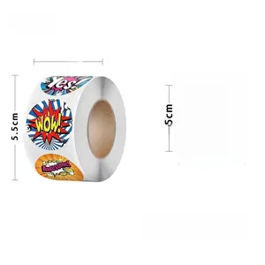 Detail of 500-piece roll stickers with colorful pop art designs and comic text patterns