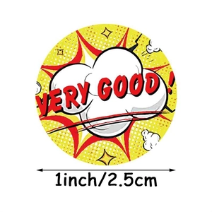 Detail of 1 inch round Very Good stickers with vibrant pop art design and strong adhesive
