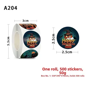 Detail view of 2.5cm Halloween stickers roll with pumpkin and bat designs for kids