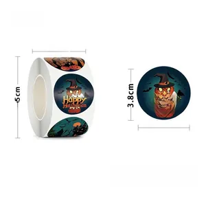 Close-up of 3.8cm Happy Halloween stickers roll showing dimensions and pumpkin designs