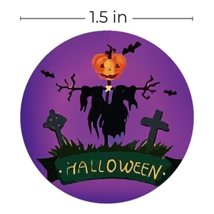 Detailed view of 1.5 inch Halloween sticker featuring pumpkin scarecrow and bat motifs