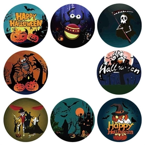 Detail view of eight diverse Halloween round sticker designs with classic festive patterns