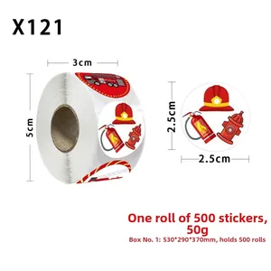 Close-up of 2.5cm cartoon firefighter stickers roll featuring hats and extinguishers