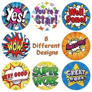 Set of 8 cartoon reward stickers with colorful pop art designs and motivational text labels