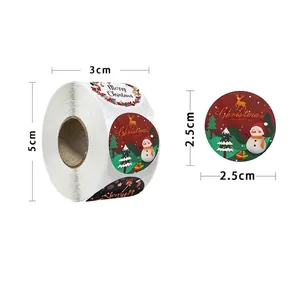 Roll of 500 Christmas stickers featuring 2.5cm round snowman and reindeer holiday labels