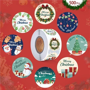 500pcs roll of cartoon Santa and reindeer Merry Christmas round adhesive gift labels