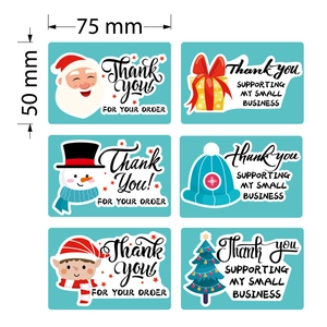 Set of six festive Christmas thank you stickers with holiday motifs measuring 75x50mm