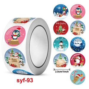Roll of 500 Merry Christmas stickers with various cartoon holiday designs, 1 inch size