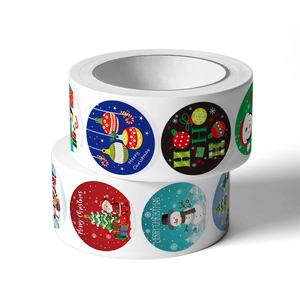 Christmas themed adhesive sticker roll featuring Santa, snowmen, and festive patterns