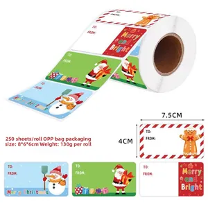 Detailed view of Christmas gift label stickers with Merry Christmas greeting and name fields