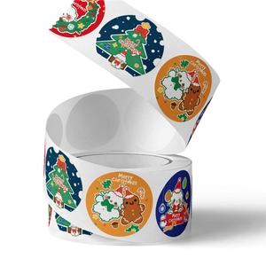 Christmas themed roll stickers with colorful cartoon holiday patterns and Merry Christmas text