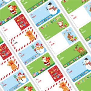 250 Christmas gift tag stickers featuring Santa, snowmen, and reindeer for holiday packaging
