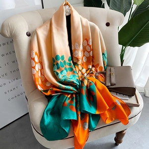 Elegant Imitation Satin Chiffon Shawl Scarf For Women Large Artistic Print Sun Protection Beach Wrap Soft Lightweight Fashion