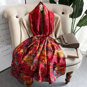 Artistic abstract print silk-like long scarf and shawl for women with vibrant colors