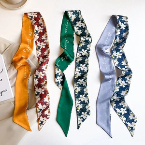 Women Skinny Satin Scarf Twilly Double Sided Floral Print Faux Satin Hair Band Bag Streamer French Style Professional Scarf