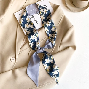 French style floral twilly silk scarf paired with a beige blazer for elegant office wear