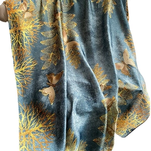 Satin silk beach shawl with golden butterfly print and vintage blue grey texture