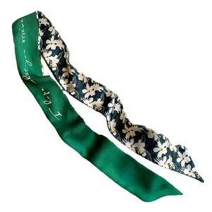 French style emerald green silk scarf featuring floral print and script lettering