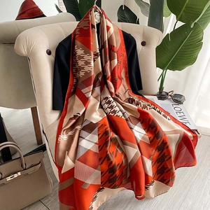 Women Fashion Long Satin Scarf Chain Print Geometric Shawl Elegant Lightweight Sun Protection Neckerchief For Summer
