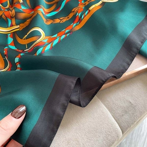 Retro horse chain pattern silk scarf in dark green and orange with black border