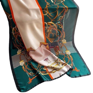 Retro horse print silk scarf with equestrian patterns in dark green and beige