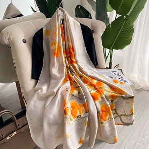 Women Retro Persimmon Floral Print Scarf Shawl Elegant Imitation Satin Satin Long Wrap Sun Protection Travel Accessories