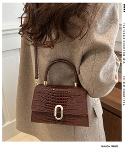 Detail of vintage crocodile texture handbag with golden buckle on a brown leather surface