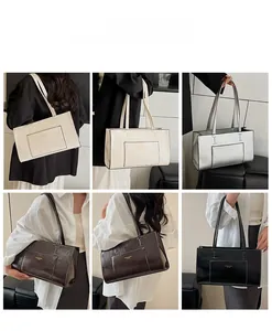Collage of glossy underarm tote bags in four colors shown with fashion models