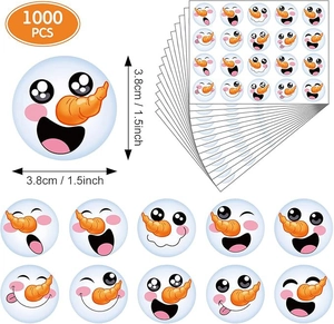 Close-up of 1.5-inch round snowman stickers showing various cute expressions in a large roll