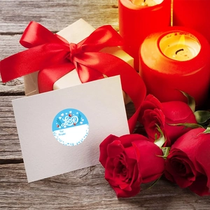 Romantic Love round gift labels with To From fields on a festive Valentine gift box background