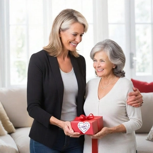 Happy Mother's Day heart stickers on a red gift box shown in a warm family gift scene